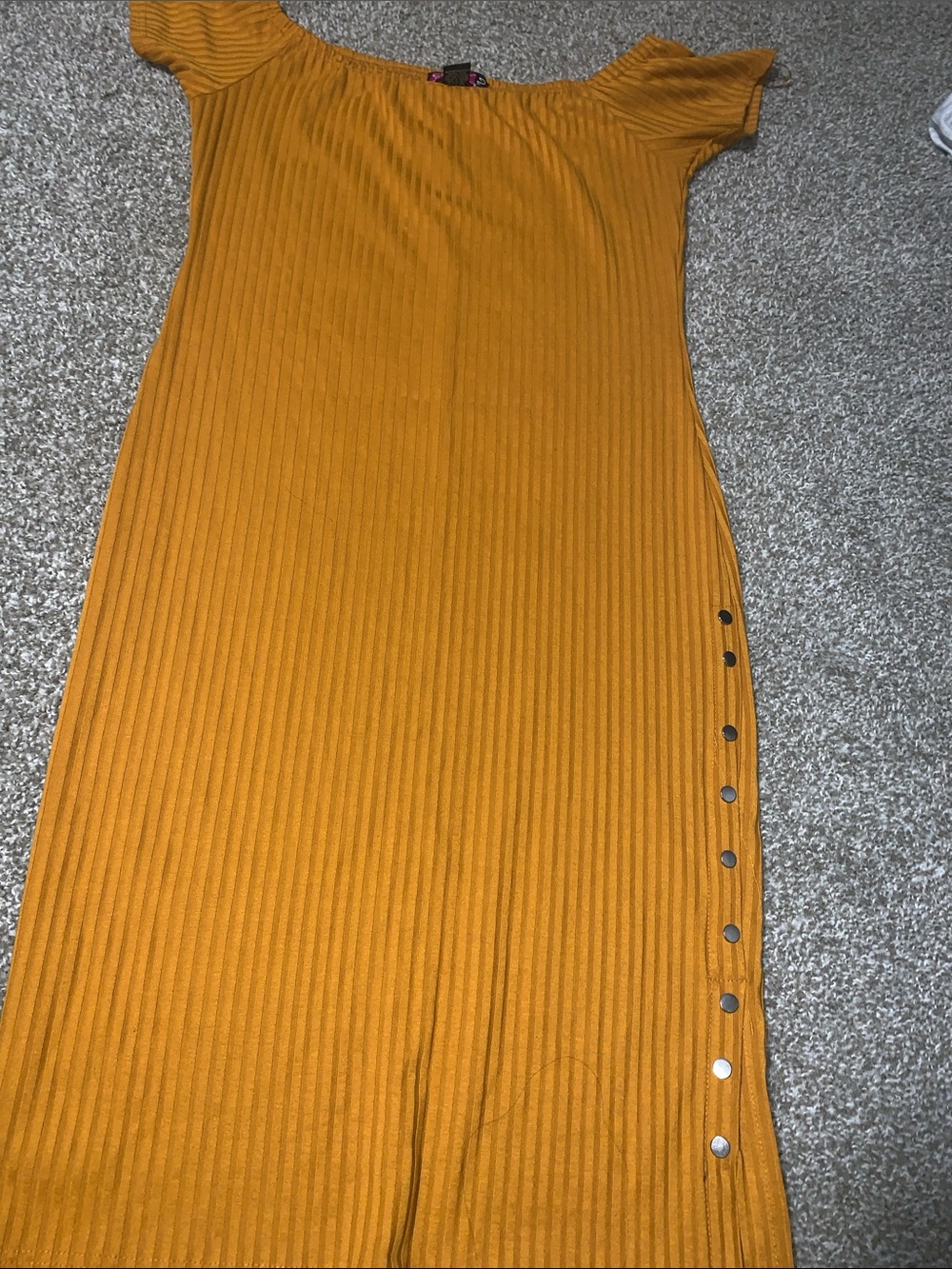 Off-Shoulder Ribbed Midi Dress in Mustard